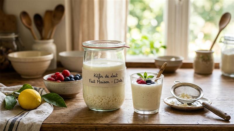 Bocal en verre de kéfir de lait fermenté maison avec grains de kéfir filtrés sur passoire