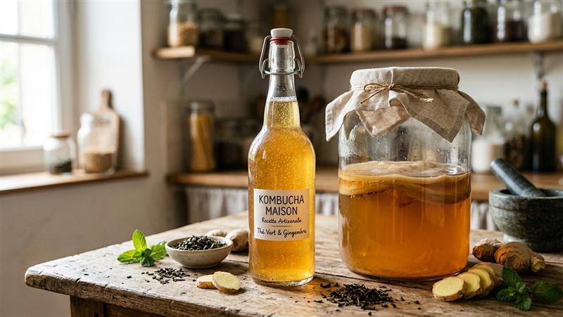 Kombucha maison dans une jarre en verre avec SCOBY et thé fermenté ambré