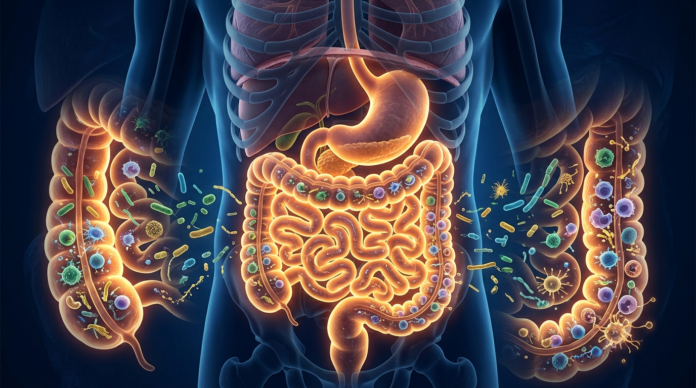 Vue microscopique de la muqueuse intestinale montrant les cellules immunitaires actives qui protègent la barrière intestinale