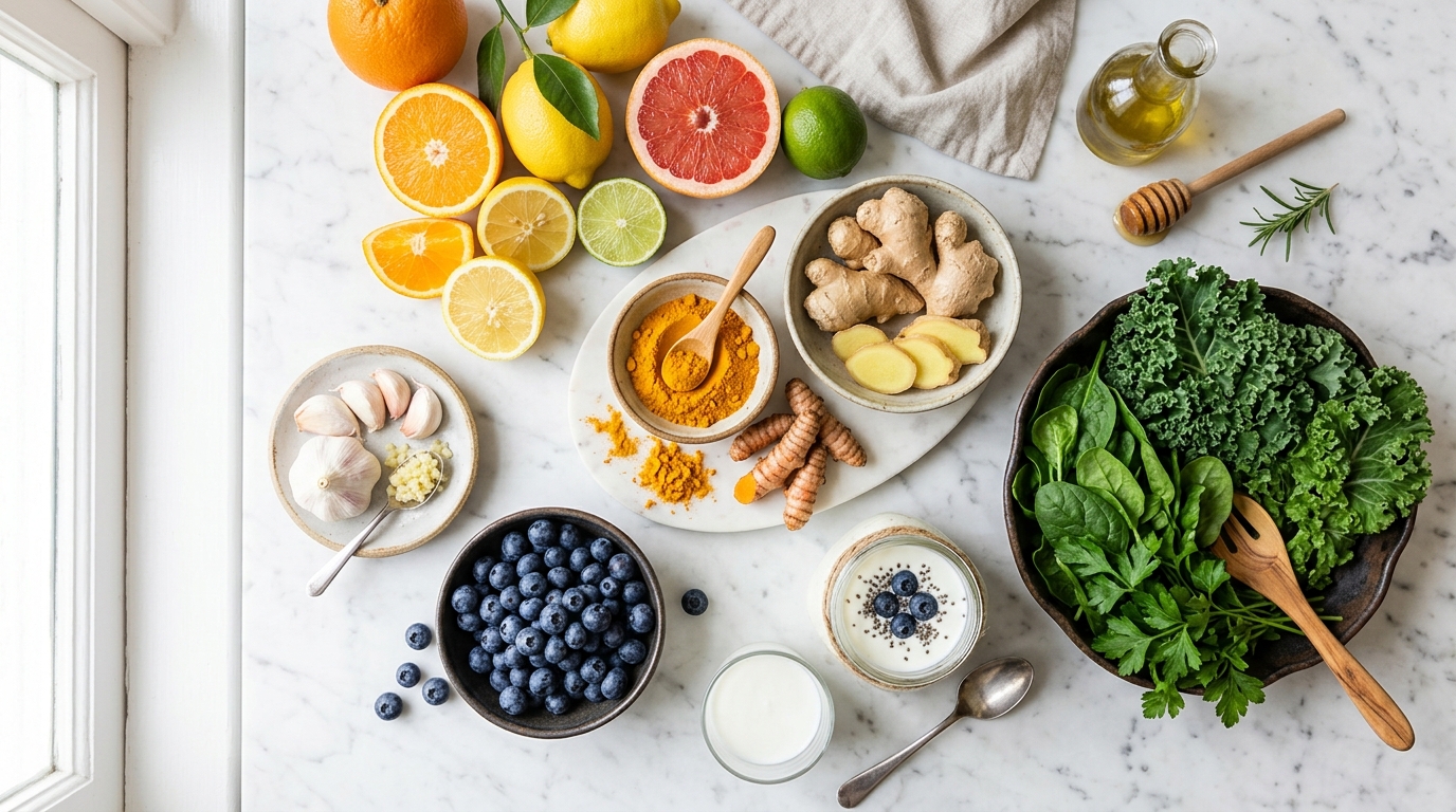 Assiette équilibrée colorée avec légumes variés, yogourt fermenté et aliments riches en fibres pour soutenir l'immunité via le microbiote