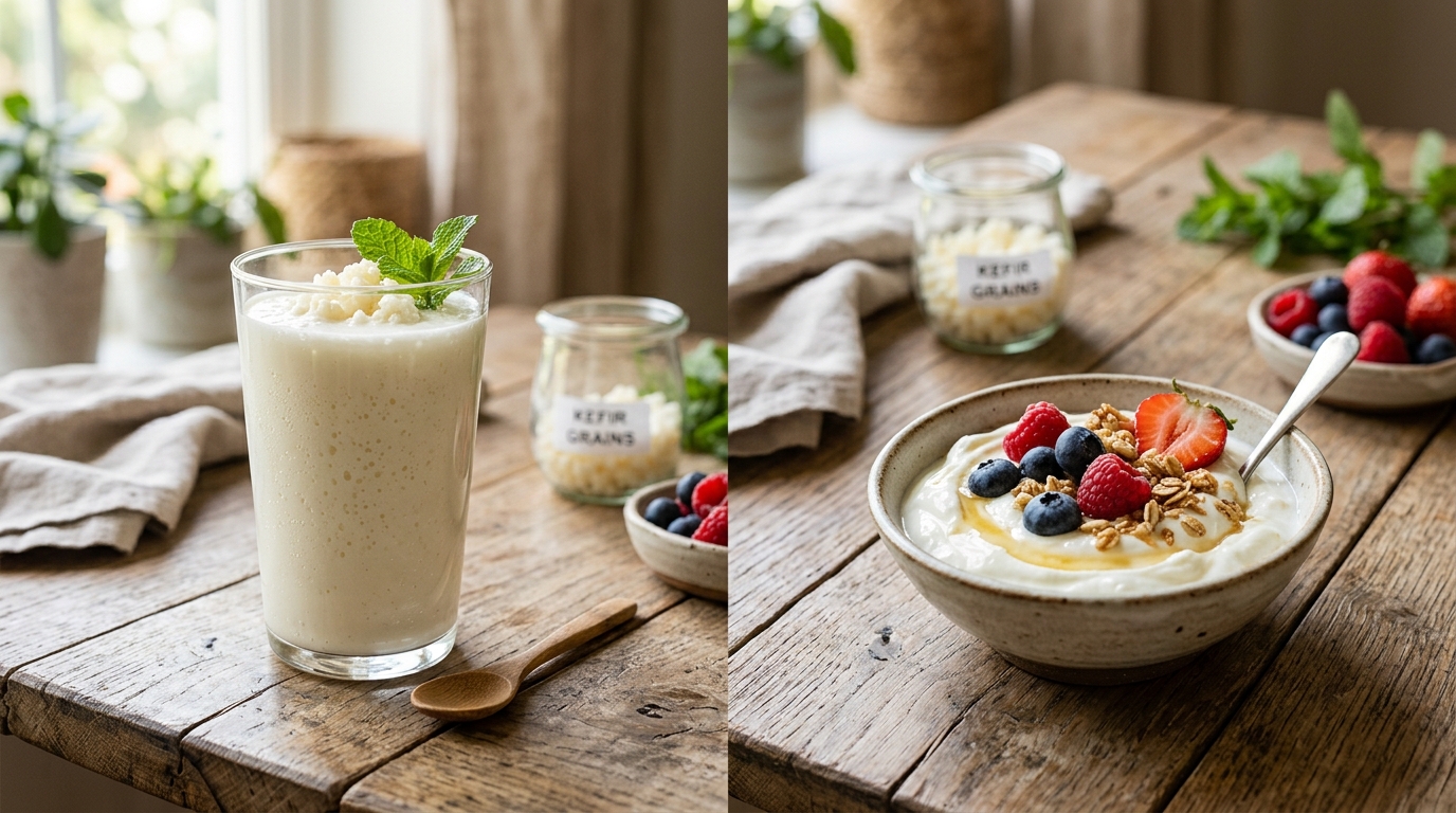 Un verre de kéfir de lait fermenté et un bol de yaourt nature posés côte à côte sur une surface en bois, illustrant la comparaison entre deux aliments fermentés pour le microbiote.