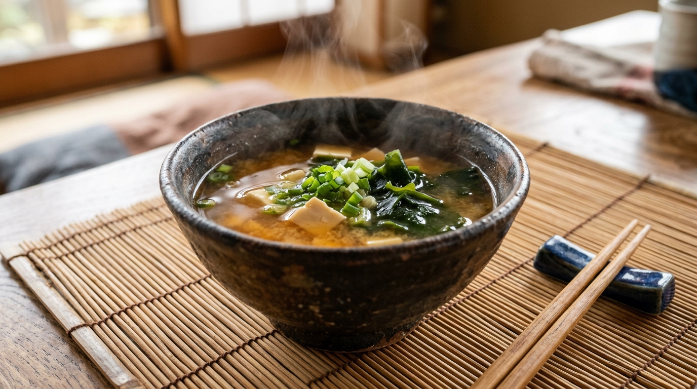 Bol de soupe miso japonaise riche en probiotiques bénéfiques pour le microbiote intestinal