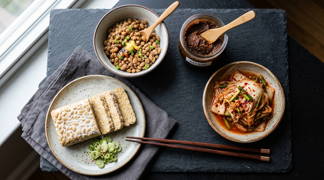 Tempeh tranché sur planche en bois, aliment fermenté asiatique source de probiotiques
