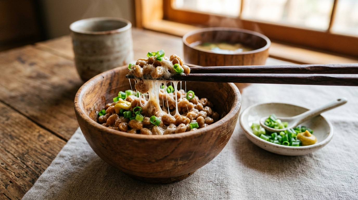 Natto japonais dans un bol, fermenté de soja riche en nattokinase et en Bacillus subtilis