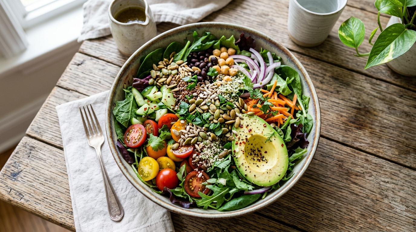 Assiette colorée de légumes frais et d'aliments fermentés symbolisant un mode de vie favorable au microbiote intestinal.