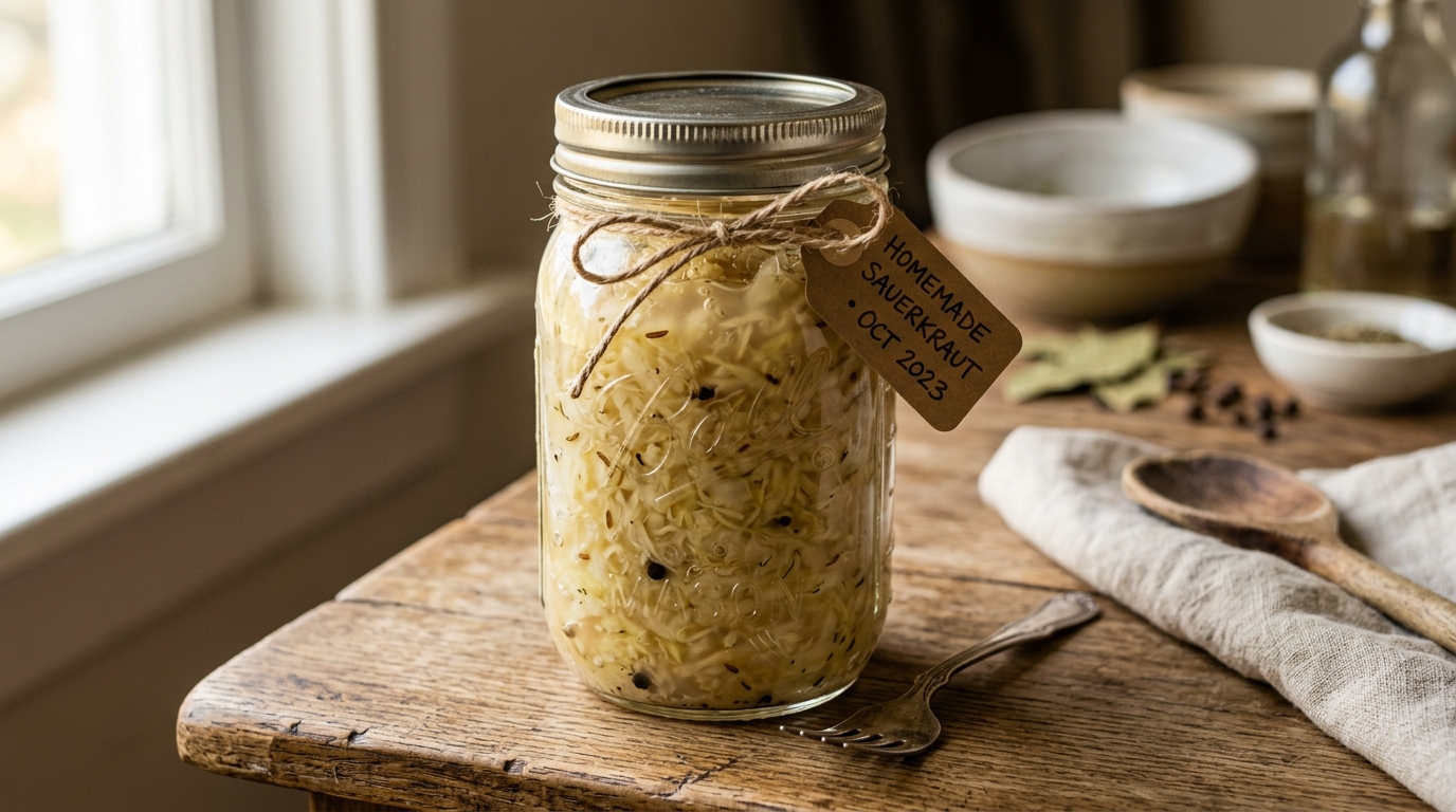 Bocaux de choucroute, kimchi et kéfir maison posés sur une table en bois, illustrant la diversité des aliments fermentés bénéfiques pour le microbiote.