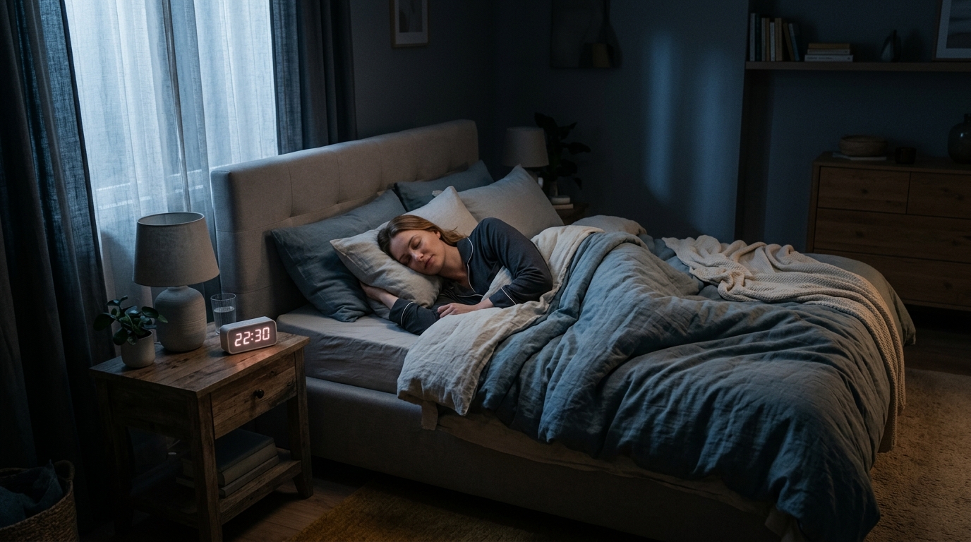 Une personne endormie dans une chambre paisible, illustrant le lien entre bien-être intestinal et qualité du sommeil.