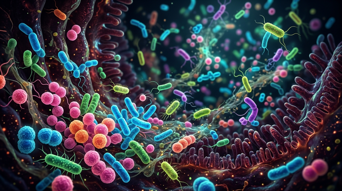Représentation schématique du microbiote intestinal et de son interaction avec les cycles biologiques du corps humain.