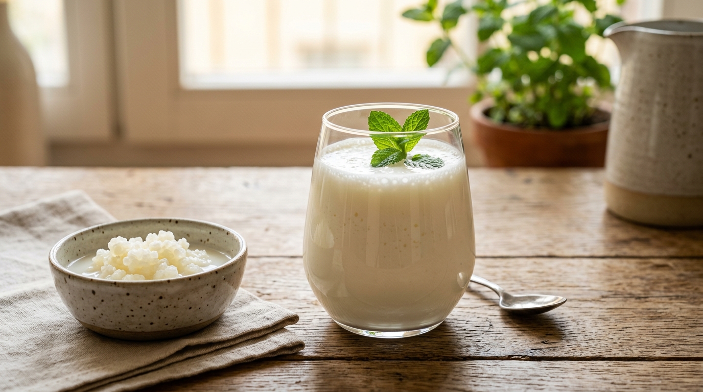 Un bol de kéfir fermenté avec des fruits frais, illustrant les aliments fermentés bénéfiques pour le microbiote et le sommeil.