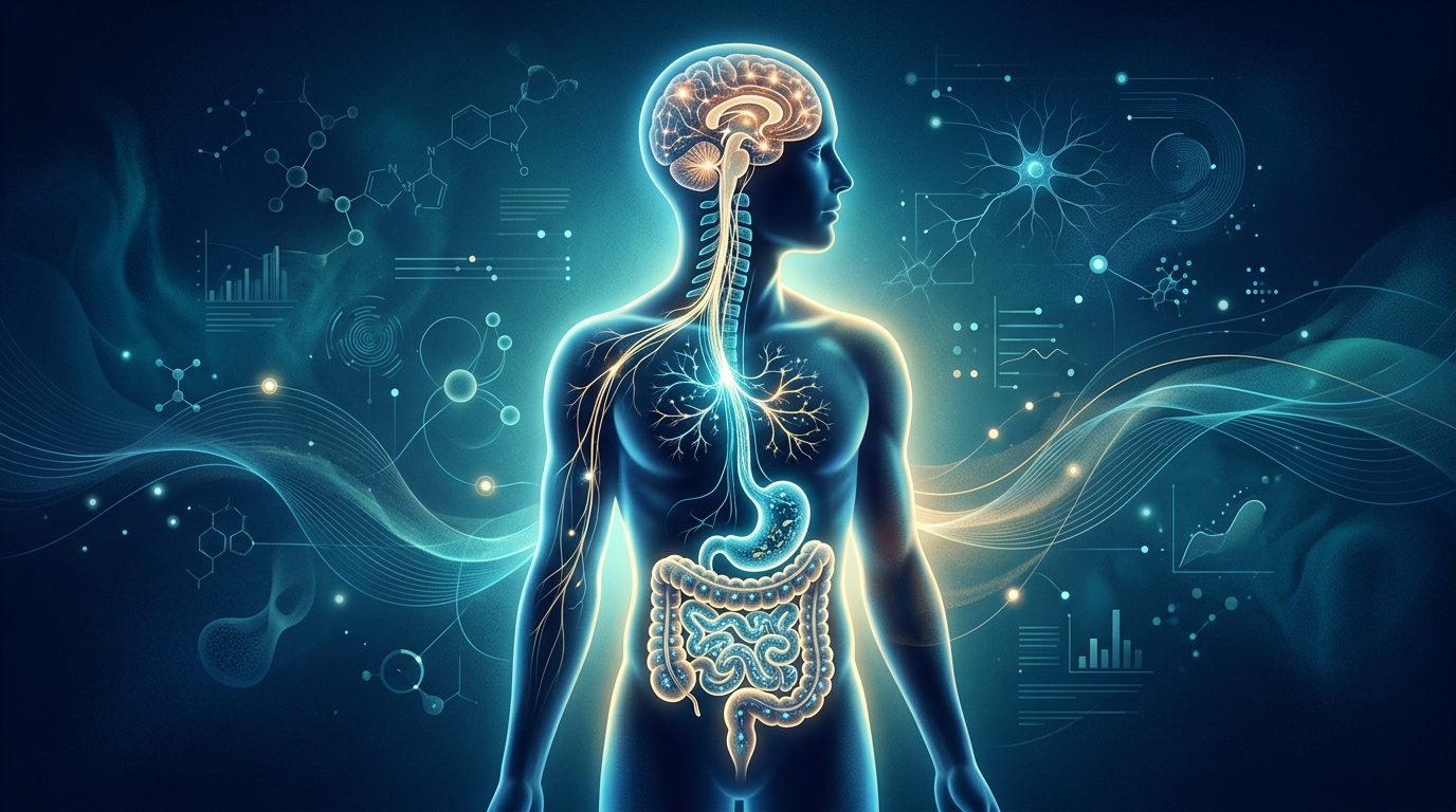 Illustration scientifique représentant l’axe intestin-cerveau avec des connexions neuronales entre le cerveau et l’intestin, symbolisant la communication bidirectionnelle.