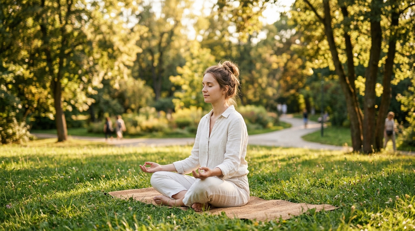 Femme pratiquant la méditation en position assise dans un environnement calme et naturel, illustrant les techniques de gestion du stress pour protéger le microbiote intestinal.