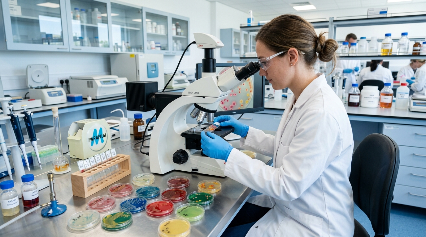 Vue microscopique de bactéries intestinales colorées, illustrant l’impact du cortisol sur le microbiote et la diversité des colonies bactériennes dans l’intestin humain.