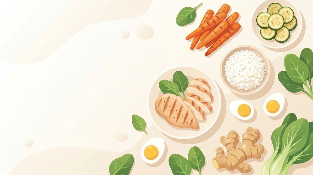Aliments digestes pauvres en FODMAP : carottes cuites, courgettes, riz, poulet, œufs et gingembre