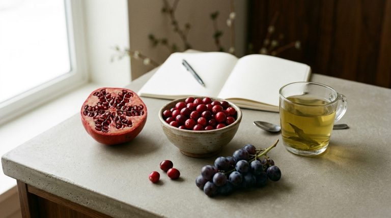 Grenade coupee, bol de canneberges, raisin noir et the vert : les aliments riches en polyphenols qui favorisent Akkermansia muciniphila