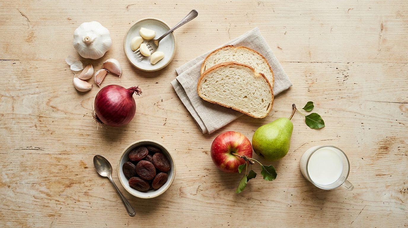Aliments riches en FODMAP à éviter : ail, oignon, pain de blé, pomme, poire, abricots secs, lait