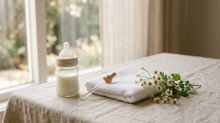 Biberon, pipette de gouttes de probiotique et fleurs de camomille sur un lange, ambiance douce de soin du nourrisson