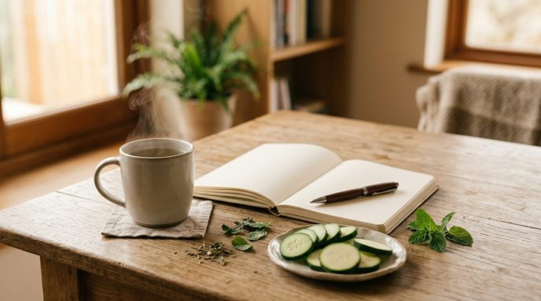 Tasse de tisane fumante, carnet de suivi ouvert, menthe fraiche et tranches de concombre sur une table en bois clair, evoquant l observation des declencheurs de ballonnements
