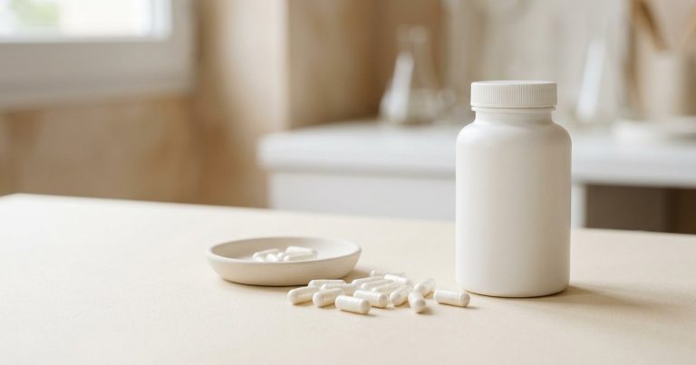 Flacon de probiotiques et gelules blanches sur fond beige, avis Noobiotik