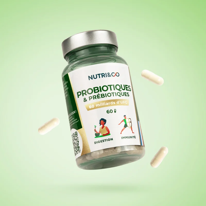 Flacon Nutri&Co Probiotiques et prébiotiques, 60 milliards d'UFC, 60 gélules (photo du fabricant)
